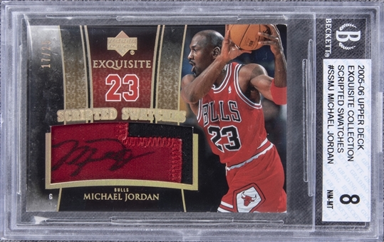 2005-06 UD "Exquisite Collection" Scripted Swatches #SSMJ Michael Jordan Signed Game Used Patch Card (#17/25) - BGS NM-MT 8/BGS 10